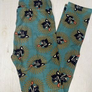 LuLaRoe Kids Leggings - Teal with Black and Orange Design